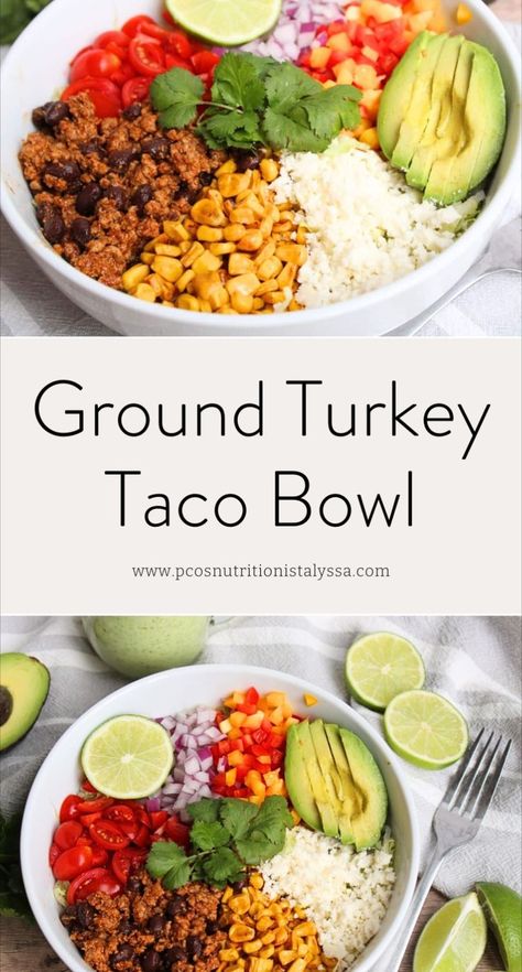 This ground turkey taco bowl is a healthy and easy option perfect for meal prep. Featuring ground turkey taco salad, this Mexican bowl recipe includes black beans, corn, and cheese. It’s a delicious ground turkey dinner that’s high protein and ideal for a weeknight dinner. Enjoy this healthy taco salad any time! Ground Turkey Taco Bowl, Easy Healthy Taco Salad, Mexican Bowl Recipe, Turkey Taco Bowl, Ground Turkey Taco Salad, Healthy Taco Salad, Turkey Tacos Recipes, Ground Turkey Meal Prep, Mexican Bowl