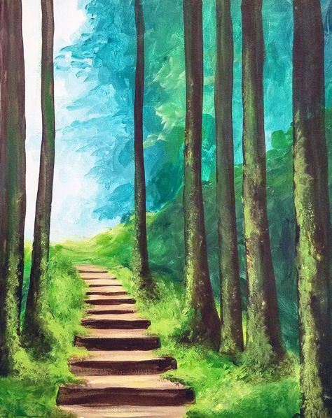 Muse Paintbar, Easy Landscape Paintings, Paint Bar, Painting Plastic, Forest Painting, Spring Painting, 수채화 그림, Paint And Sip, Sunset Painting