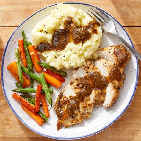 Recipe: Balsamic Baked Chicken & Mashed Potatoes with Garlic-Sautéed Green Beans & Carrots - Blue Apron Mashed Potatoes Half Baked Harvest, Chicken And Mashed Potatoes, Chicken Mashed Potatoes, Potatoes Roasted, Roasted Chicken And Potatoes, Carrots And Green Beans, Roast Chicken Leftovers, Sauteed Green Beans, Easy Chicken Breast