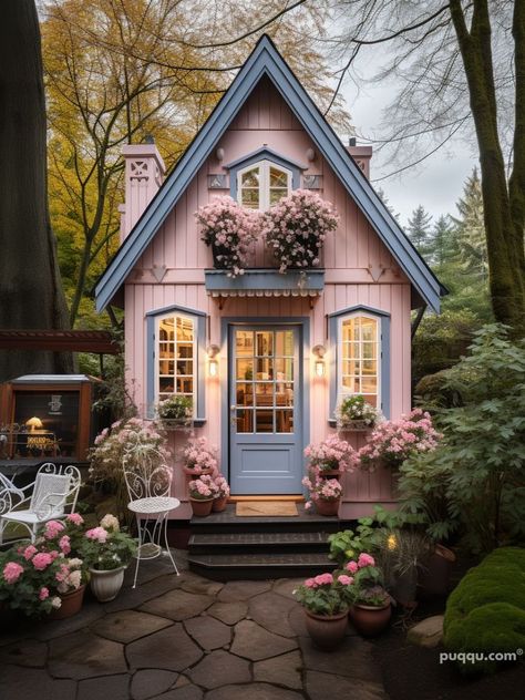 Pink Tiny Houses: Discover Charming Small Homes - Puqqu Pink House Exterior, Southern Beauty, Fairytale Houses, Building Inspiration, Summer Houses, European Garden, Pink Cottage, Storybook Cottage, Tiny Cottage