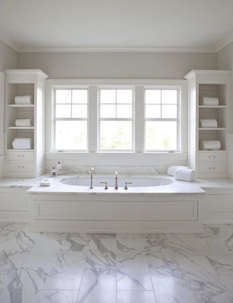 Milton Development: Master bathroom with wood paneled drop-tub flanked by cabinets, gray paint color and ... Drop In Tub Ideas, Marble Bathroom Floor, Tub Ideas, Bad Inspiration, Marble Flooring, Master Bath Remodel, Bathroom Tub, Dream Bathrooms, Marble Bathroom