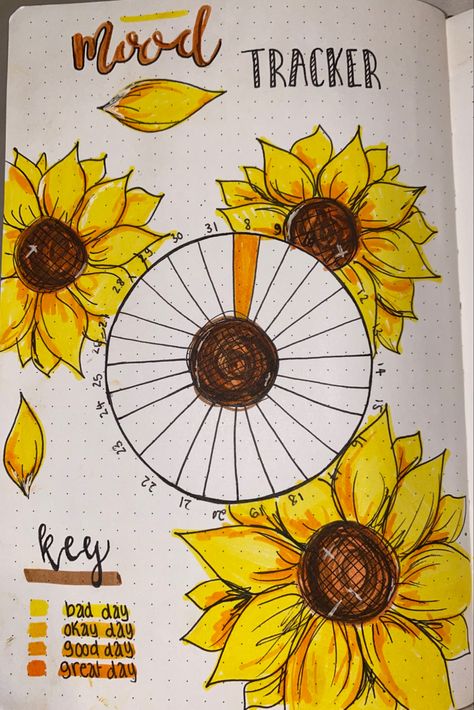 Journal For August, Mood Tracker September Bullet Journal Ideas, Sunflower Journal Ideas, Bullet Journal August Theme, August Bullet Journal Mood Tracker, Journal Ideas August, Sunflower Mood Tracker, June Bullet Journal Cover Ideas, Mood Tracker April