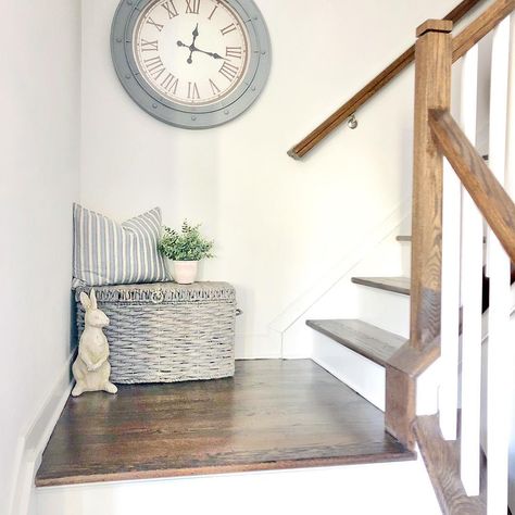 Stairway Landing Decor, Staircase Landing Decor, Stair Landing Decor, Landing Decor, Warm Grey Walls, Stairs Trim, Rustic Wood Doors, Small Staircase, Top Of Stairs