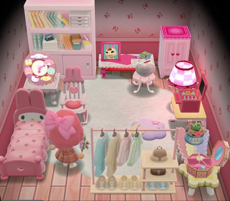 Bedroom Animal Crossing, Animal Crossing Sanrio, Hello Kitty Furniture, Sanrio Bedroom, Acnh Hhp, Animal Crossing Pc, Pink Sanrio, Animal Crossing Wild World, Island Theme