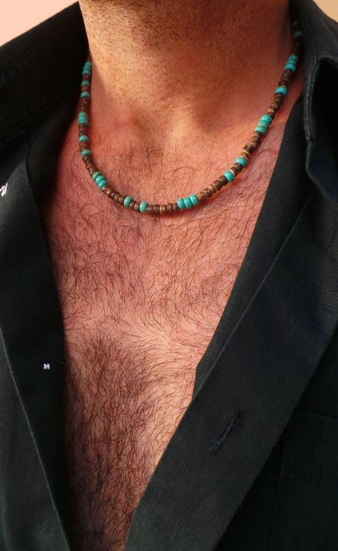 Diy Necklace For Men, Beads For Men, Turquoise Bead Jewelry, Mens Accessories Necklace, Men Choker, Mens Beaded Necklaces, 20 Inch Necklace, Preppy Jewelry, Necklace Wood