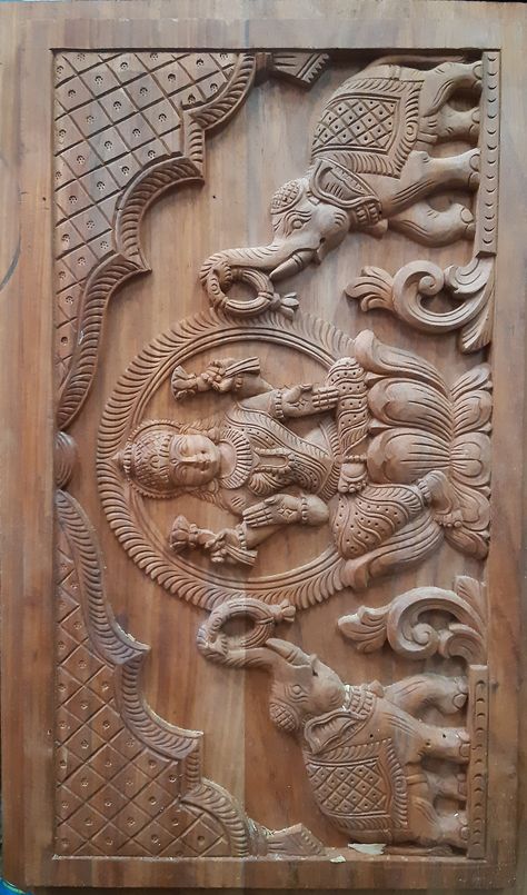 Main Door Design With God Lakshmi, Pooja Room Wood Carving Designs, Gajalakshmi Wood Carving, Pooja Room Arch Design, Wooden Carving Design, Carving Door Design, Gaja Lakshmi, Main Door Design Photos, Latest Door Designs