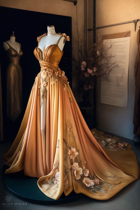 Leo zodiac sign inspired gown Dawn Court Dress, Hufflepuff Yule Ball Gowns, Autumn Court Dress, Sun Themed Dress, Gown Aesthetic, Court Dresses, Fantasy Dresses, Fantasy Gowns, Fairytale Dress