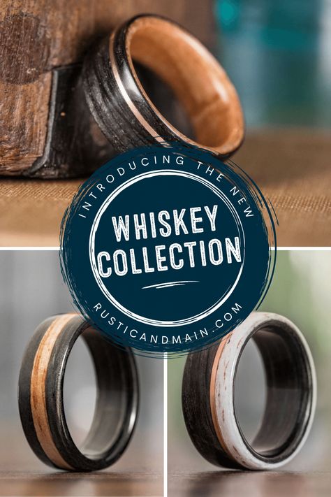 Wedding Ring Stack Ideas, Ring Stack Ideas, Whiskey Barrel Wedding Ring, Whiskey Collection, Wedding Ring Stack, Ring Assortment, Whiskey Barrel Wedding, Barrel Wedding, Wooden Wedding Bands