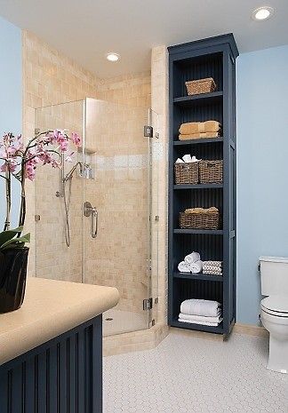 These are a must-have for any bathroom! A very stylish storage system for towels and toiletries. Love this pin? Follow us @Porchdotcom for more great pins like these! ♥ Click to see the crazy kitchen island in this home Crazy Kitchen, Bathroom Idea, Small Bathroom Storage, Decks Backyard, In The Corner, Bathroom Renos, Kids Bathroom, Bath Remodel, Linen Closet