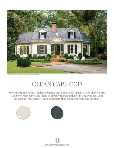 Are you enamored with the Cape Cod aesthetic but uncertain about achieving the look in your own space? Look no further! Our comprehensive guide provides you with precise Sherwin Williams paint colors endorsed by seasoned designers. Download your digital guide today and effortlessly bring the sought-after modern farmhouse vibe to your home. Image credit: Domino.  Transform your space with the expertise of Savannah Etzel, an NCIDQ-certified designer with over fifteen years in the design industry. Whether it's your home or business, Halcyon Studio ensures a perfect blend of style and functionality. Have inquiries or need additional e-design guidance? Connect with us at www.halcyondesignco.com. Your dream space is just a click away! One Story Cape Cod House Exterior, Renovating Cape Cod Home, Expanded Cape Cod House, Classic Exterior Paint Colors For House, Classic Country Home Exterior, Contemporary Cape Cod House Exterior, Cape Cod Front Steps, Outside Home Renovation, Cape Cod Home Aesthetic