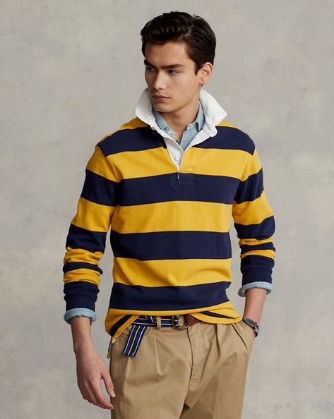 Custom Slim Fit Striped Mesh Polo Shirt for Men | Ralph Lauren® UK Rugby Fashion, Preppy Mens Fashion, Polo Rugby Shirt, Stripe Outfits, Ralph Lauren Outfits, Navy Gold, Mens Fall, Rugby Shirt, Ralph Lauren Men