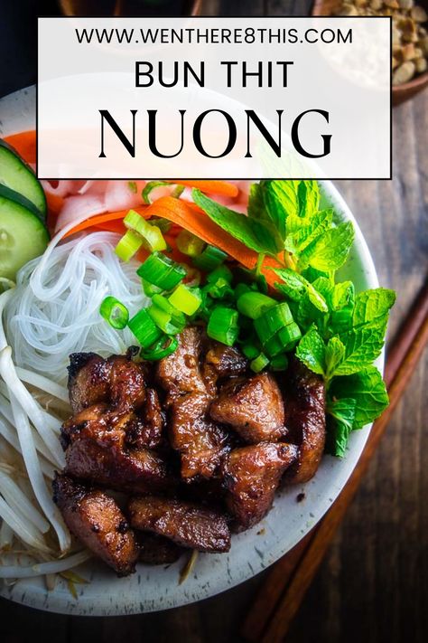 Bún Thịt Nướng is made with tender pieces of marinated pork, cooked until caramelized, on a bed of rice noodles, bean sprouts, fresh herbs & dipping sauce. Bun Thit Nuong Recipe Pork, Vietnamese Pork Noodle Bowl, Bun Thit Nuong Recipe, Bun Thit Nuong, Thit Nuong Recipe, Vietnamese Recipe, Vietnamese Grilled Pork, Asian Noodle Dishes, Bo Bun