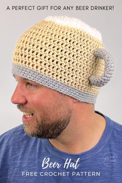 Funny Hat Crochet Pattern Free, Crochet Beer Hat, Crochet Hat Pattern For Men, Funny Crochet Hat Patterns Free, Crochet Funny Hats, Funny Crochet Hats, Funny Crochet Hat, Funny Crochet Patterns, Crochet Funny Hat