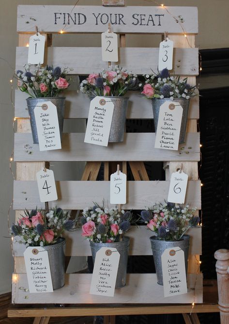 rustic table plan with colourful flowers Wedding Signs Rustic Pallets, Pallet Wedding Decor, Plan Wedding, Find Your Seat, Pallet Wedding, Garden Wedding Reception, Signing Table Wedding, Wedding Table Flowers, Wedding Table Plan