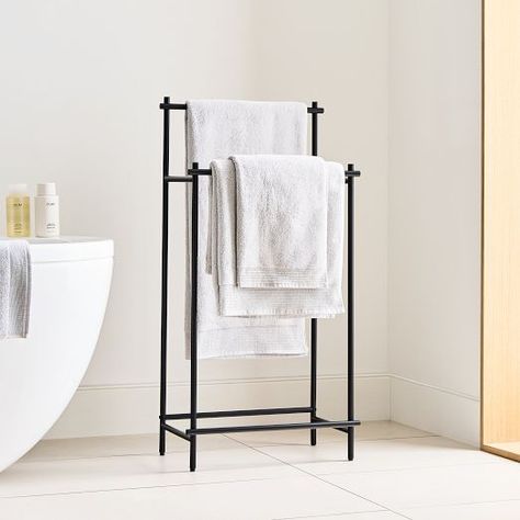 Linen Cabinets | Bathroom Floor Cabinets | West Elm Modern Overhang, Modern Towel Rack, Freestanding Towel Rack, Standing Towel Rack, Bathroom Floor Cabinets, Linen Cabinets, Metal Wall Shelves, Spa Towels, Towel Storage