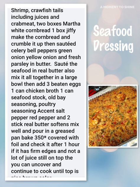 Seafood Dressing Seafood Dressing Recipe Cornbread, Seafood Dressing Louisiana, Seafood Dressing Recipe Louisiana, Crab Dressing Recipe, Seafood Thanksgiving Dinner Ideas, Crawfish Dressing, Seafood Dressing Recipe, Cajun Dressing, Crawfish Cornbread Dressing