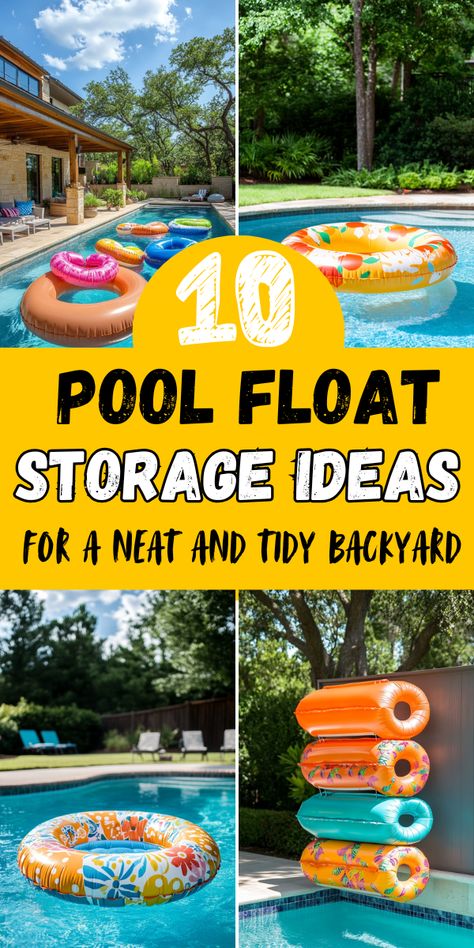 Save this pin for clever pool float storage ideas that will keep your backyard looking neat and organized! From DIY racks to creative poolside bins, these storage solutions make it easy to store inflatables and pool toys Backyard Pool Storage Ideas, Pool Diy Accessories, Pool Inflatable Storage, Diy Pool Toy Storage, Pool Supply Storage Ideas, Pool Must Haves Accessories, Pool Raft Storage Ideas, Pool Organization Ideas, Pool Noodle Storage