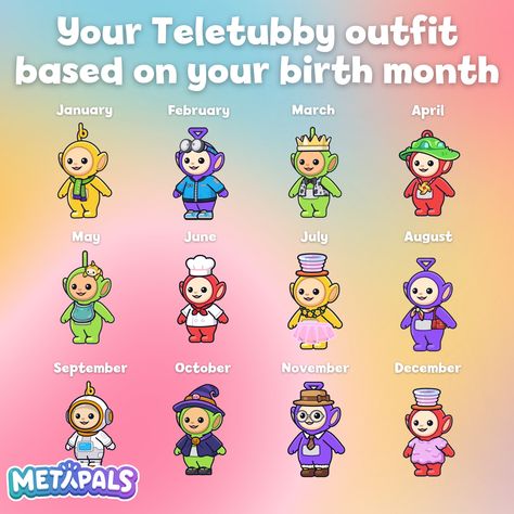 Your birth month is your @MetaPals.ai Teletubby outfit 🌈✨ Don’t miss out on owning your very own Teletubby, visit the link in our bio to adopt!📲🛍️ #Teletubbies #TeletubbyCompanion Berry Avenue Teletubbies Code, Halloween Teletubbies, Halloween Costumes Tellytubbies, Teletubbies Names, Your Birth Month Is Your, Po Teletubbies, Birth Month, Aang, Blockchain