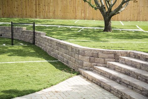 Retaining Wall Before And After, Retaining Wall Behind Pool, Retaining Wall Sloped Backyard, Pool Retaining Wall Ideas, Sloped Yard Landscaping, Sloped Landscaping, Keystone Retaining Wall, Slope Garden, Retaining Wall Patio