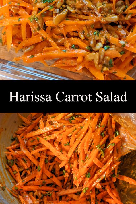 shredded carrots tossed in harissa sauce and sunflower seeds Recipes With Sunflower Seeds, Vegan Harissa Recipes, Harissa Recipes Vegetarian, Harissa Vegetables, Recipes With Harissa, Harissa Carrots, Great Side Dishes, Harissa Salmon, Sunflower Seeds Benefits