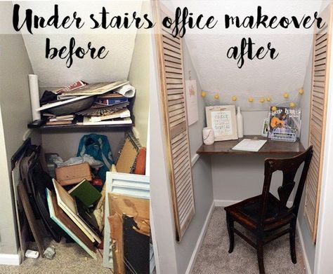 Under stairs office makeover. Great use of an awkward space! This would be great for a home office or even just a reading or homework nook! Under Stairs Office, Office Under Stairs, Stairs Office, Room Under Stairs, Space Under Stairs, Closet Under Stairs, Stair Nook, Home Office Closet, Office Closet