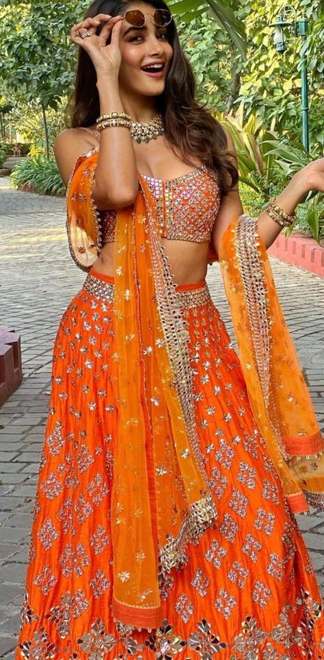 Orange Lehenga, Mirror Work Lehenga, Mirror Work Blouse, Sequence Embroidery, Mirror Embroidery, Wedding Lehenga Designs, Party Wear Lehenga Choli, Work Lehenga, Pooja Hegde