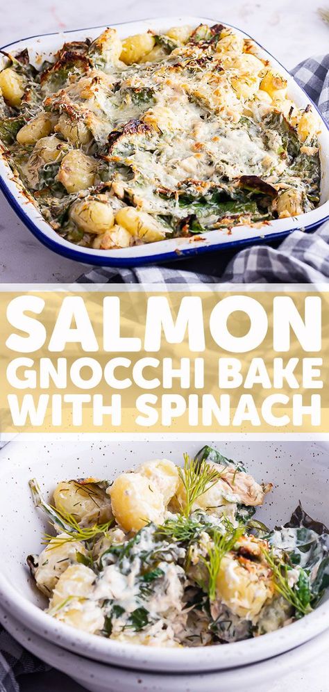 Salmon And Gnocchi Recipes, Salmon Gnocchi, Crispy Gnocchi, Mascarpone Sauce, Gnocchi Bake, Spinach Bake, Canned Salmon, Baked Gnocchi, Shellfish Recipes