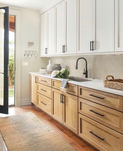 Wood Lower Cabinets White Upper, White Upper Cabinets Wood Lower, Neutral Laundry Room, White Upper Cabinets, Grey Kitchen Floor, Modern Kitchen Remodel, Warm Kitchen, Dark Wood Cabinets, Flat Panel Cabinets