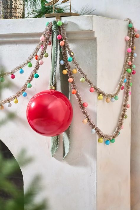 Good Cheer Bauble Ornament Tinsel Garland | Anthropologie Whimsy Christmas Decor, Preppy Christmas Decor, Garland With Ornaments, Red Christmas Garland, Merry And Bright Christmas Decor, Christmas Ornament Garland, Tiny Ornaments, Bauble Wreath, Anthropologie Christmas