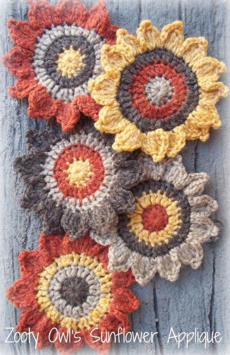 Sunflower Applique - Crochet Pattern Sunflower Applique Pattern, Crochet Sunflower Applique, Sunflower Applique, Appliques Au Crochet, Crochet Puff Flower, Crochet Embellishments, Crochet Tutorial Pattern, Crocheted Flower, Crocheted Flowers