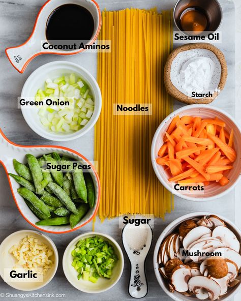 This soy free lo mein recipe is made with sesame oil and coconut aminos & is loaded with authentic flavors. Not only is this recipe easy to make, but it is also hands down the best noodle recipe you will ever try and is easily customizable! From the thinly sliced vegetables to the tasty noodles, and zing-y sauce, you will be asking for more! #AsianNoodles #lomein #SoyFree #Ginger How To Make Low Mein Noodles, Plain Lo Mein Noodles, Vegetarian Lo Mein Recipe, Easy Veggie Lo Mein, Lo Mein Sauce, Low Main Noodles Lo Mein, Vegetable Lo Mein, Lo Mein Noodles, Lo Mein Recipes