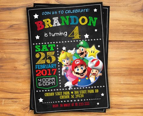 Nintendo Birthday, Super Mario Bros Party Ideas, Super Mario Invitation, Nintendo Party, Birthday Party Invitations Free, Super Mario Bros Birthday Party, Mario Y Luigi, Chalkboard Invitation Template, Super Mario Bros Party