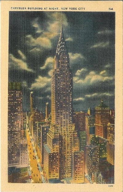 postcard-chrysler-building-new-york Building At Night, Front Cover Designs, City Postcard, Voyage New York, Postal Vintage, New York Poster, K Wallpaper, Chrysler Building, Vintage Journal