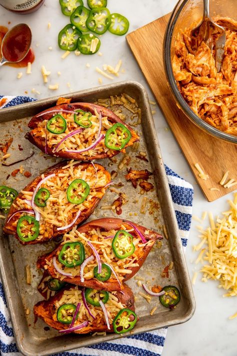 Savory Sweet Potato Recipes, Sweet Potato Seasoning, Sweet Potato Recipes Healthy, Twice Baked Sweet Potatoes, Easy Potato Recipes, Shredded Chicken Recipes, Baked Potato Recipes, Chicken Sweet Potato, Twice Baked