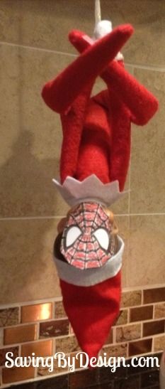 Spidey Elf! Find this and many other ideas in 30 Days of Elfing Around! #ElfOnTheShelf #ElfIdeas #ElfPoses Elf On The Shelves, Elf Ideas Easy, Timmy Time, Elf Magic, Awesome Elf On The Shelf Ideas, Elf Activities, Xmas Elf, Elf Antics, Elf Fun