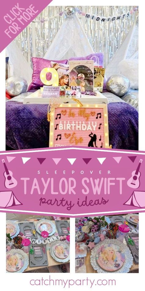 Check out this amazing Swiftie Eras birthday party! The table settings are gorgeous! See more party ideas and share yours at CatchMyParty.com Eras Birthday Party, Taylor Swift Party Ideas, Swiftie Party, Makeup Birthday Party, Slumber Party Favors, Makeover Party, Rockstar Party, Slumber Party Invitations, Slumber Party Birthday