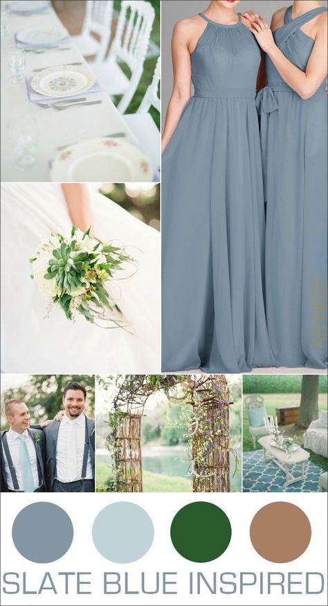 Slate Blue Wedding Color Palette | Kennedy Blue chiffon bridesmaid dress styles Kylee and Stella are featured | 18 Slate Blue Bridesmaid Dresses Worth Obsessing Over | Kennedy Blue     summer | spring| weddings | outdoor | long bridesmaid gowns | slate blue | inspiration | quality affordable | mismatched | outdoor weddings | wedding photos Blue Wedding Color Palette, Slate Blue Bridesmaid Dresses, Slate Blue Dresses, Slate Blue Wedding, Spring Bridesmaid Dresses, Summer Bridesmaids, Wedding Color Scheme, Wedding Colors Red, Wedding Bridesmaids Dresses Blue