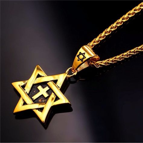 Bold & Beautiful Gold Star Of David & Cross Of Christ Alpha & Omega Necklace! Star With Middle Cross Pendant Measures 1”. Chain Measures 23 3/4”. Necklace Weight Is 0.9 Ounces. It Is Stainless Steel, It Will Never Tarnish Or Rust, & It Is Hypoallergenic. Arrives In A Gift Box. Nice! Cross Of Christ, David Cross, Omega Necklace, Crystal Makeup, Necklace Chain Types, Alpha Omega, Skull Pendant Necklace, Necklace Star, Star Of David Pendant