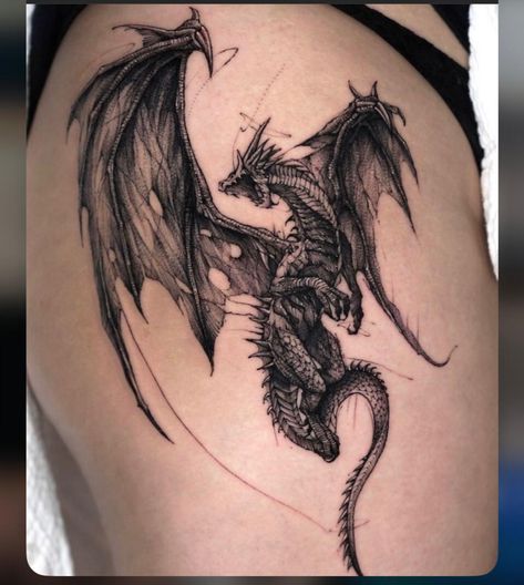 Wyvern Tattoo Thigh, Undead Dragon Tattoo, Wood Dragon Tattoo, Dragon Tattoo Wings, Fourth Wing Dragon Tattoo, Dark Feminine Tattoos Ideas, Targaryen Tattoo Ideas, Skeleton Dragon Tattoo, Elven Tattoo Design