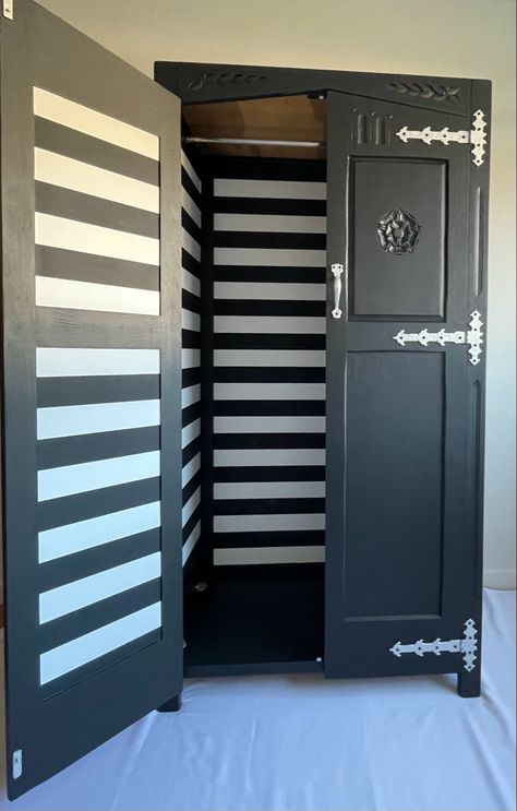 Black eggshell finish with silver painted metal fittings  🖤
Black and white striped decoupage ⚡️ Birthday Room, Painting And Decorating, Furniture Upcycling, Rose Black, Wednesday Addams, 9th Birthday, Bespoke Design, Health And Wellbeing, Somerset