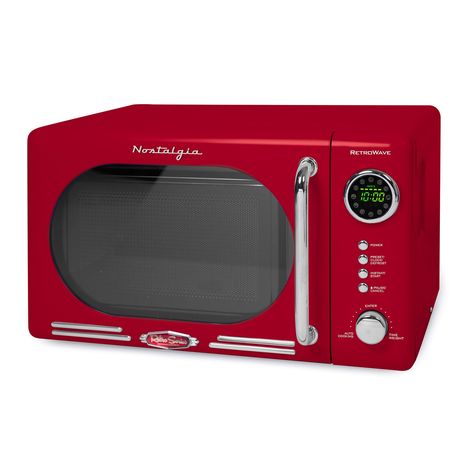 With a beautiful and sleek retro design, this microwave is sure to stand out in any kitchen. It features 12-pre programmed cooking settings and a bright LED display, making usability simple. Red Microwave, Countertop Microwave Oven, Chrome Door Handles, Countertop Microwave, Cooking Set, Led Screen, Cooking Food, Toaster Oven, Light Display