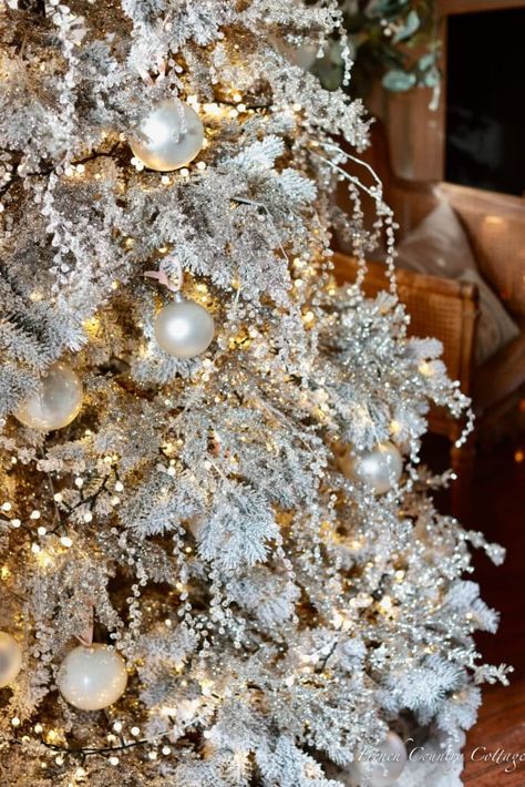 Beautiful Frosted Christmas Tree - French Country Cottage Icy Christmas Tree, Icy Christmas, White Baubles, Frosted Christmas Tree, Crystal Garland, Eucalyptus Garland, Rustic Candles, Light Garland, French Country Cottage