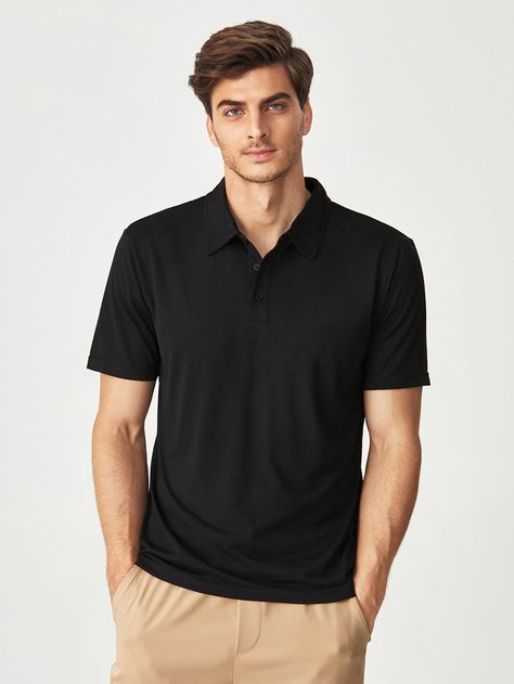 Black Basics Collar Short Sleeve Polyester Plain  Embellished Slight Stretch Summer Men Tops Polo Tshirt Men, Tshirt Men, Camisa Polo, Men Clothing, Mens Polo Shirts, Polo Shirts, Black Casual, Mens Summer, Mens Polo