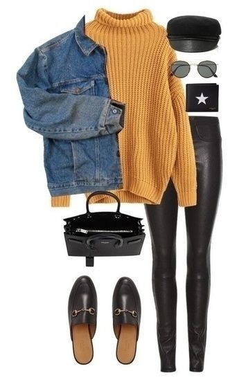 Winter Leggings, Outfit Jeans, Black Women Fashion, Yellow Sweater, Winter Mode, Fashion Fall, Casual Winter Outfits, Fashion 2018, 가을 패션