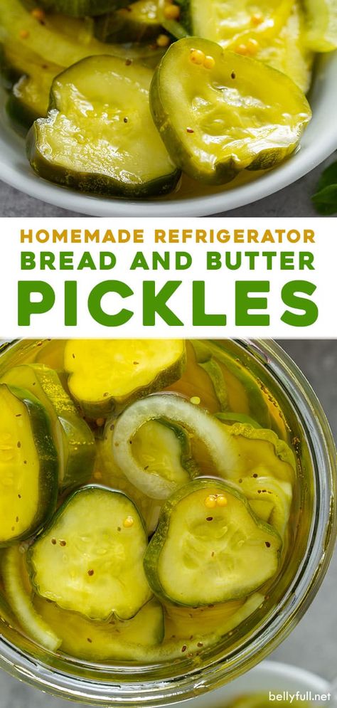 These homemade refrigerator bread and butter pickles are sweet, zesty, and crunchy. A perfect condiment for a burger or sandwich, or enjoy them as a snack on their own. This recipe is so easy and doesn't require any canning skills! Pickles Homemade Easy, Bread N Butter Pickle Recipe, Pickle Recipes Homemade, Bread And Butter Pickles, Butter Pickles, Homemade Bread Easy, Pickle Butter, Homemade Pickles, Pickled Veggies