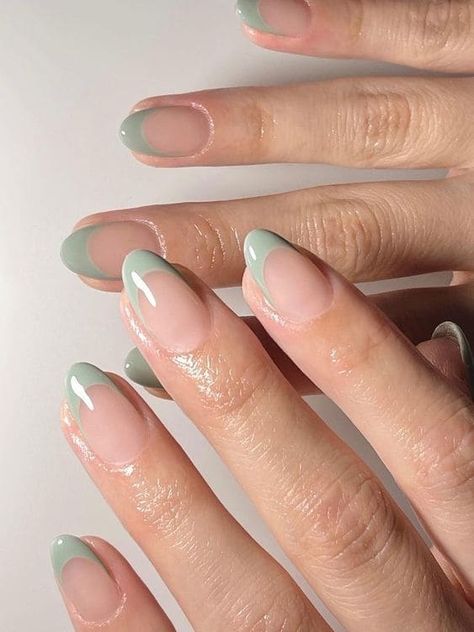 simple sage green French tips Sage Green Nails, Ongles Gel French, Hoco Nails, Bridesmaids Nails, Green Acrylic Nails, Cute Simple Nails, Colorful Nails, Simple Gel Nails, Summery Nails