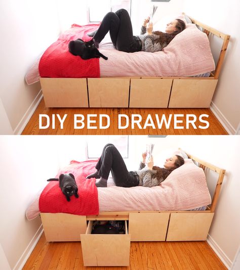 Raised bed frame with four drawers underneath Diy Under Bed Storage, Ikea Bed Frame, Bed Riser, Ikea Bed Frames, Rolling Drawers, Bed Drawers, Folded Clothes, Bed Frame With Drawers, Bed Risers