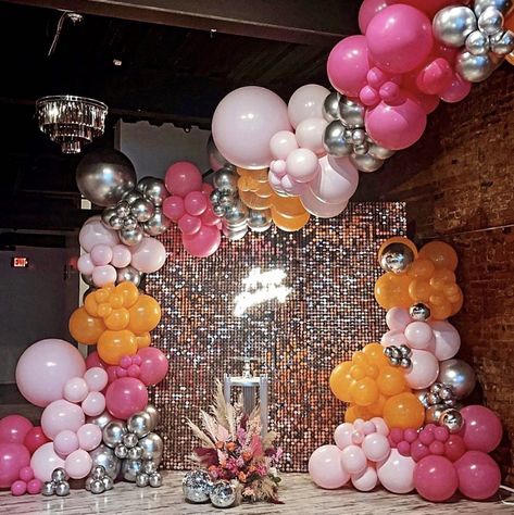 Pink And Orange Balloon Garland, Orange Balloon Garland, Balloon Wreath, Orange Balloons, Orange Party, Grad Party Decorations, Silver Balloon, Garland Arch, Silver Party