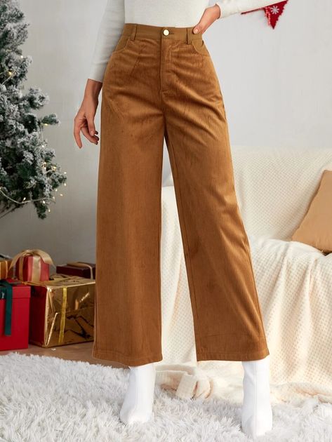 Slant Pockets Corduroy Wide Leg Pants | SHEIN USA Corduroy Wide Leg Pants, Women Pants, Shein Style, Leg Pants, Fashion News, Wide Leg Pants, Khaki Pants, Wide Leg, Pants For Women