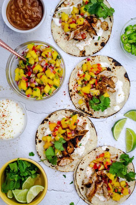 Chicken Tacos With Mango Salsa, Indian Simmer Sauce, Mango Tacos, Coconut Curry Chicken Recipes, Mango Salsa Chicken, Tacos With Mango Salsa, Traditional Indian Food, Coconut Lime Chicken, Lime Crema